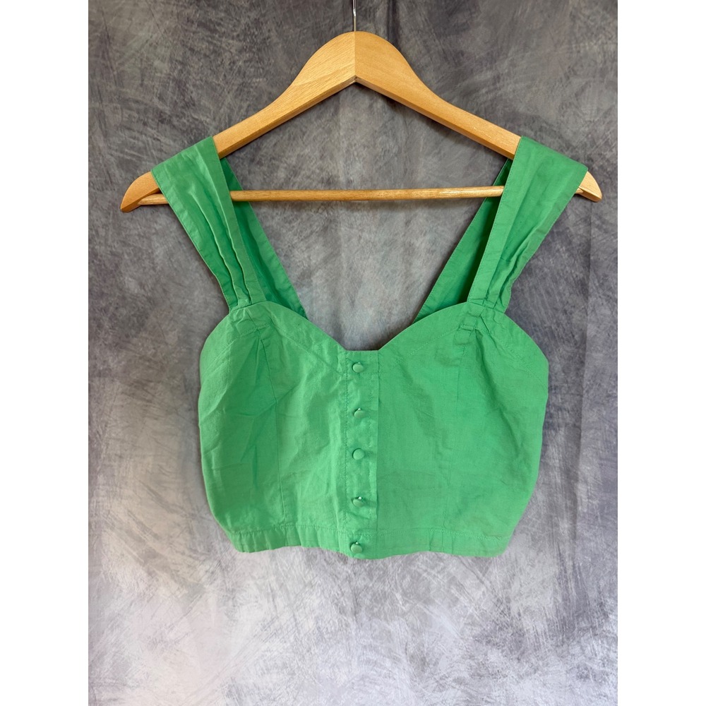 Sim & Sam Green Cotton Button Front Smocked Back Crop Top‎ Womens Small